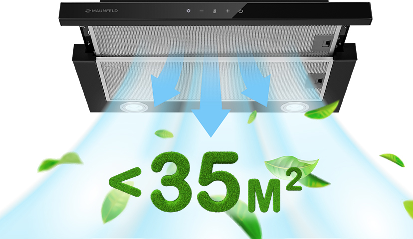 Благодаря выдвижному козырьку эффективно очищает воздух на&nbsp;кухне площадью до&nbsp;35&nbsp;м2