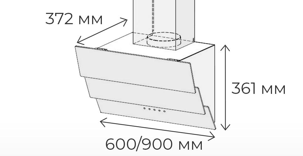 Ширина 900&nbsp;мм, глубина 372&nbsp;мм, высота 361&nbsp;мм